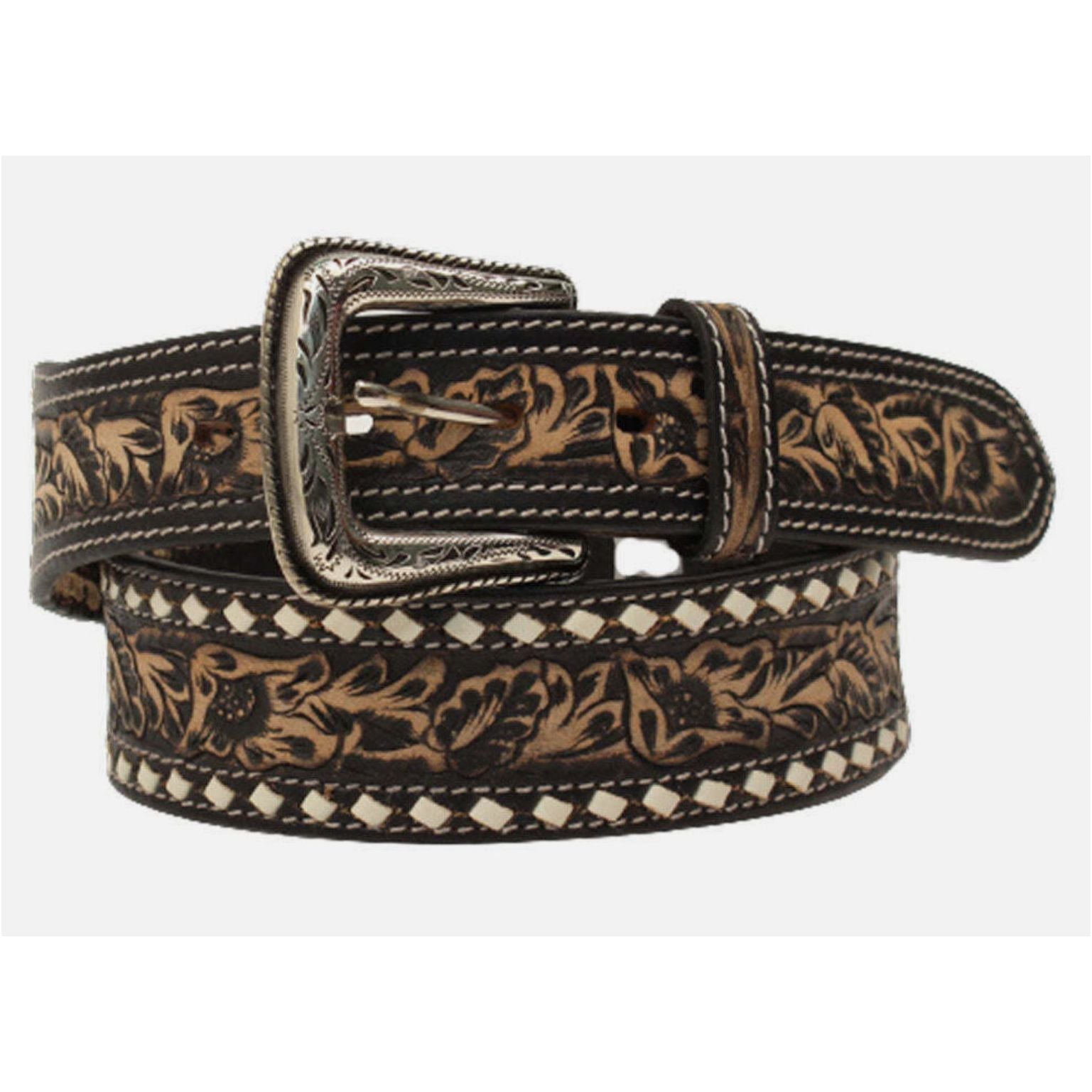 Nocona Men’s Belt, Distressed Black Floral Tooled leather w/ cream whipstitch - N210005801