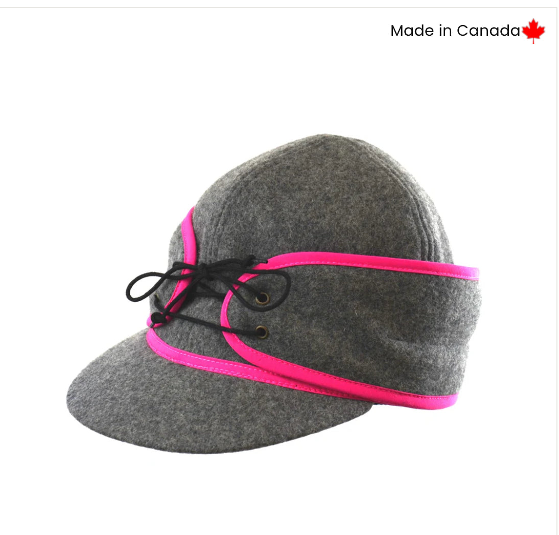 CROWNCAP Ladies Charcoal/ Pink Wool Blend Railroad Hat w/ Ponytail Hole Winter Hat 1-170L-PT