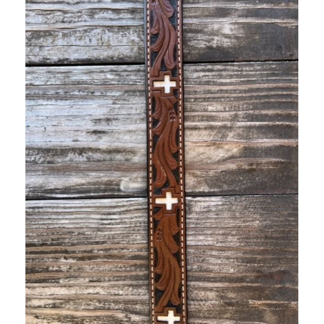 Ranger Belt Company Belt kid’s - tooled leather, cross with inlaid calf hide, NKB01C