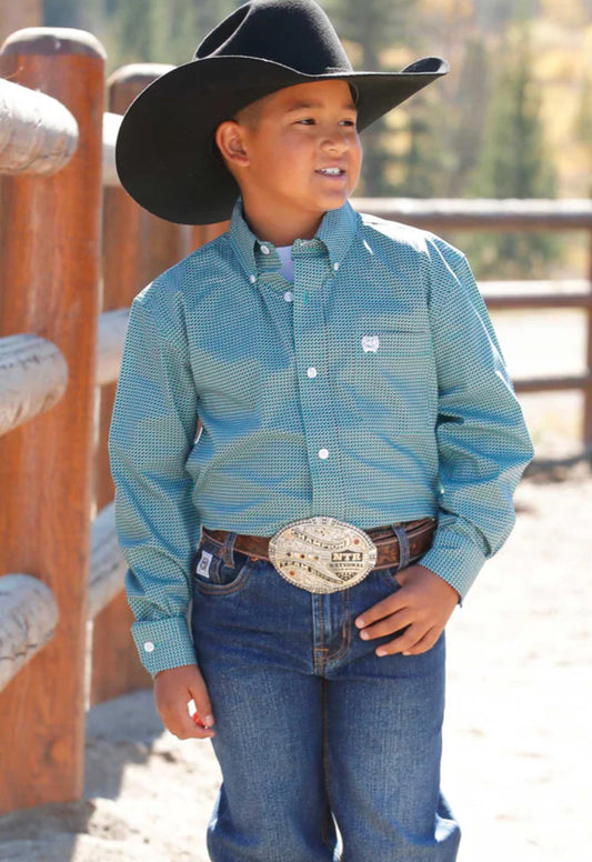 Cinch Boy’s Western Shirt, Button Down Geometric Print Long Sleeve, Turquoise MTW7060391