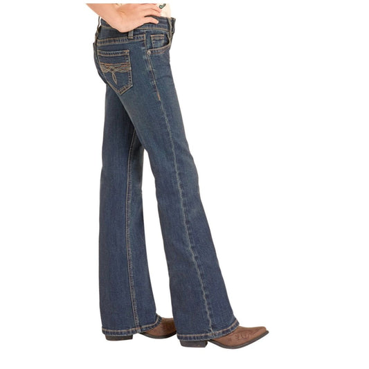 Rock & Roll Girls' Jean - Dark Vintage, Bootcut , Turquois Bootstitch Pocket BG4MD09075