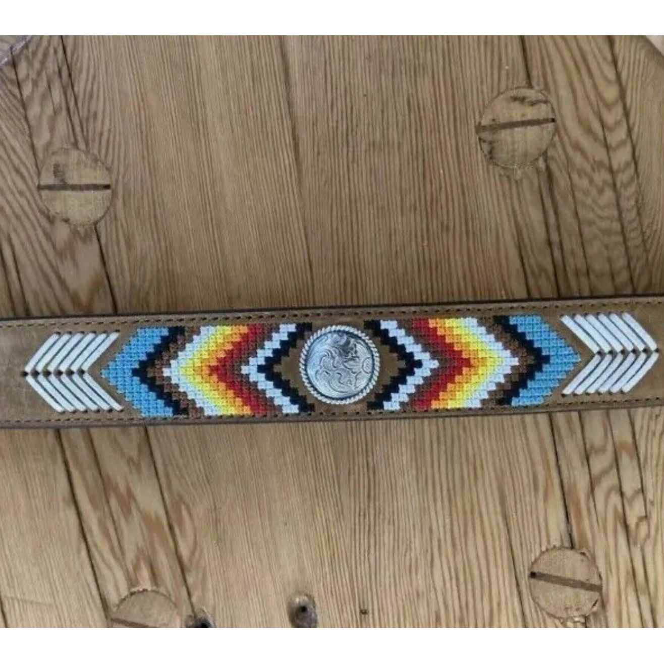 Nocona Men’s Belt, Leather w/ Stitched Southwest Pattern, Rawhide Lacing & concho - N210003644