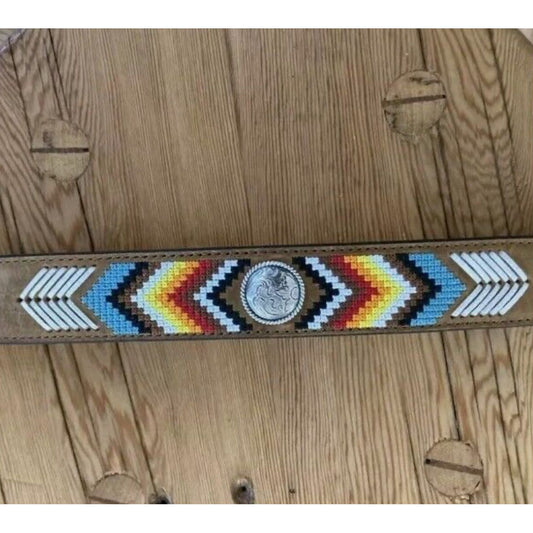 Nocona Men’s Belt, Leather w/ Stitched Southwest Pattern, Rawhide Lacing & concho - N210003644