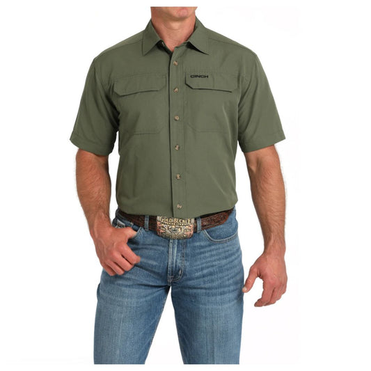 Cinch Men’s Arenaflex Shirt, Short Sleeve- Button Front, Olive MTW1723003