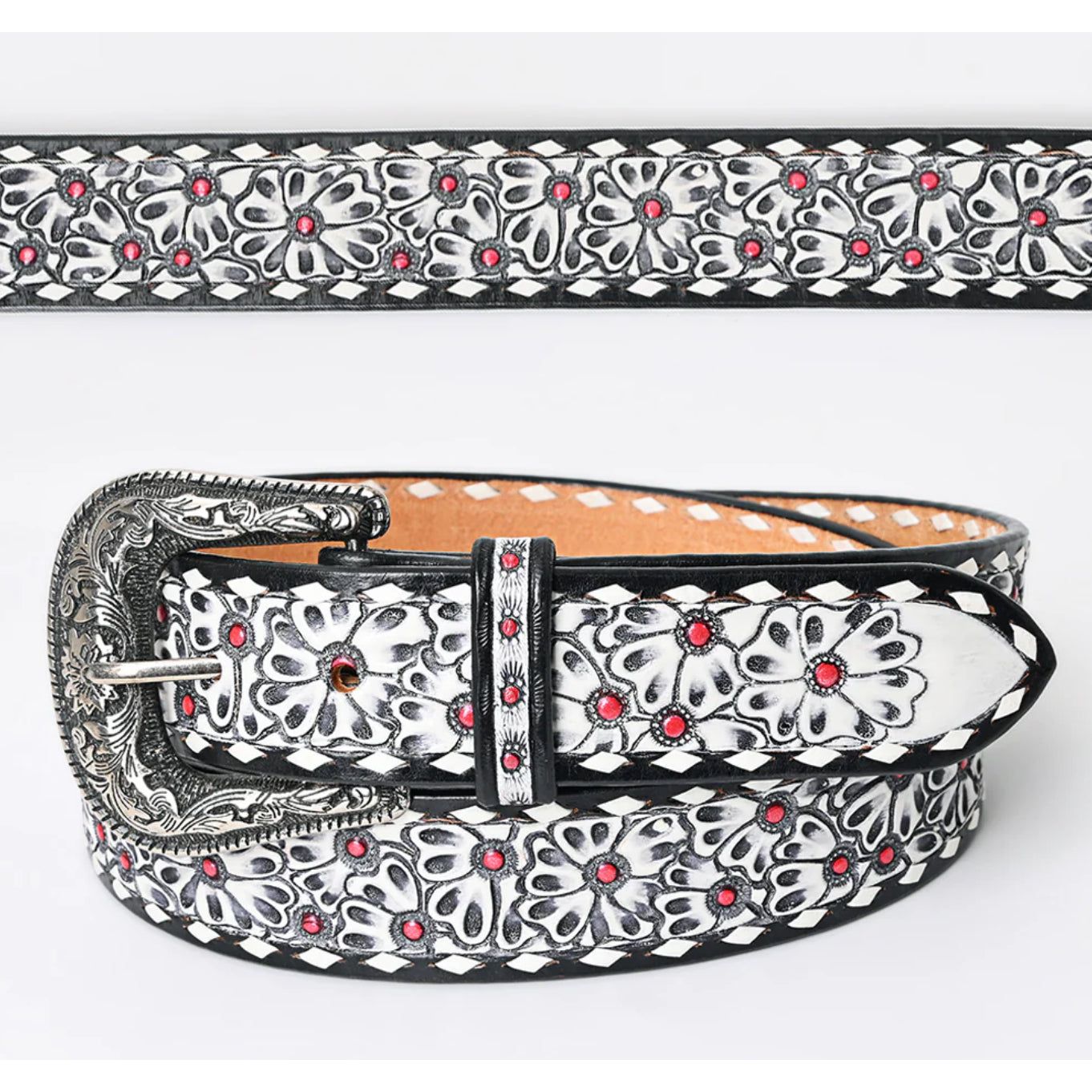 American Darling Belt men / Ladies - Black, Red, Cream flower, hand tooled ADBLF165