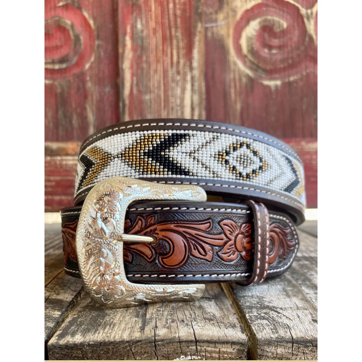 Twisted X Men’s Belt- tooled and beaded black, gold white XIBB104