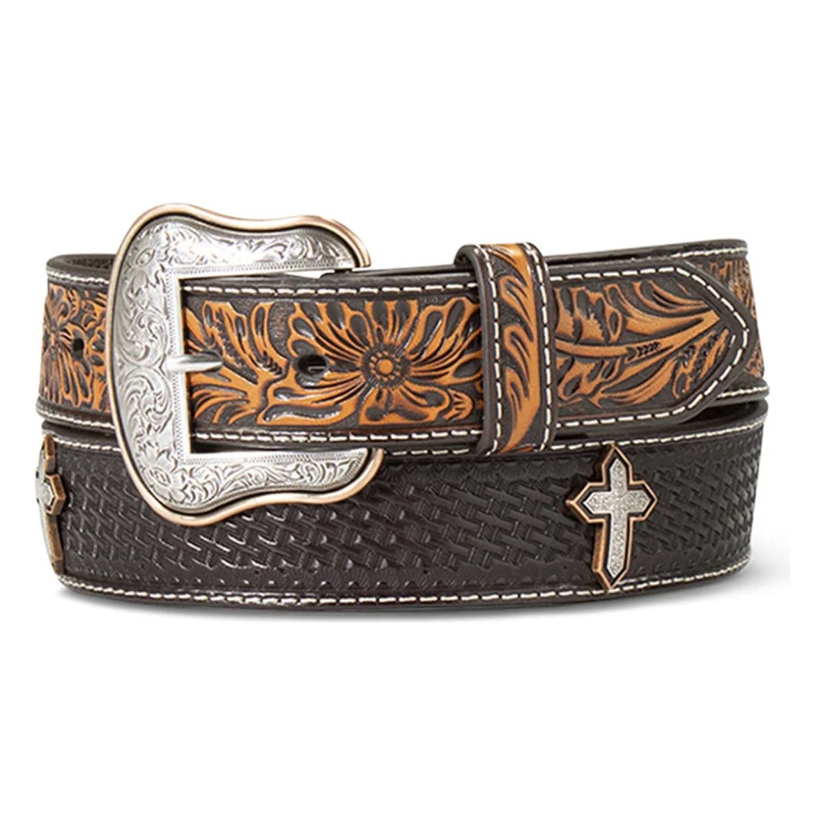 Ariat Men’s Belt Coffee Brown Leather, basket weave stamped, floral tooled, cross concho A10412133