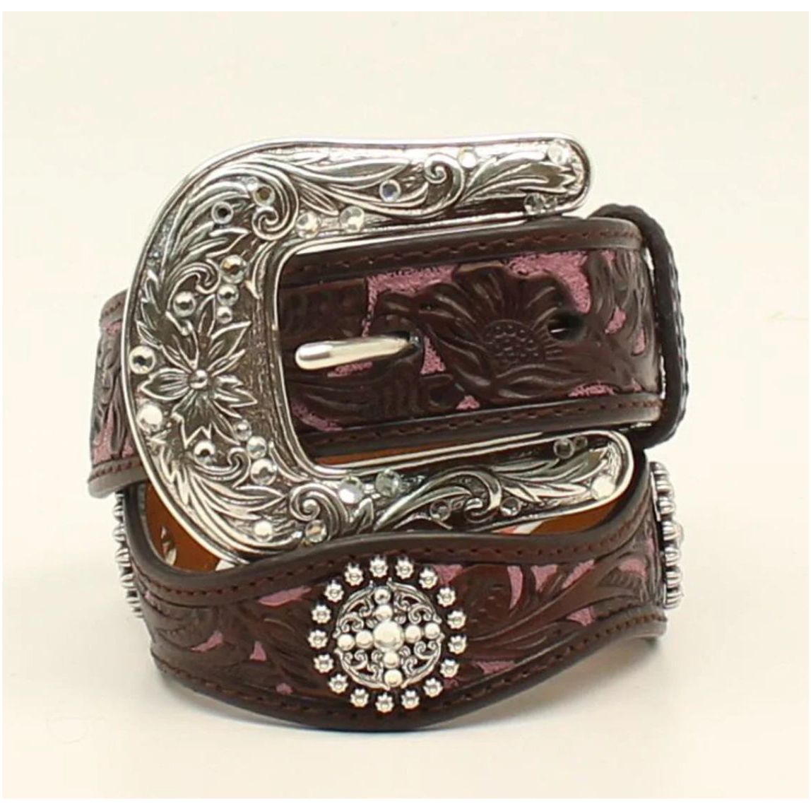 Ariat Kids Belt -Scalloped Edge Leather, Purple Inlay, Flower Tooling, Concho A1301802