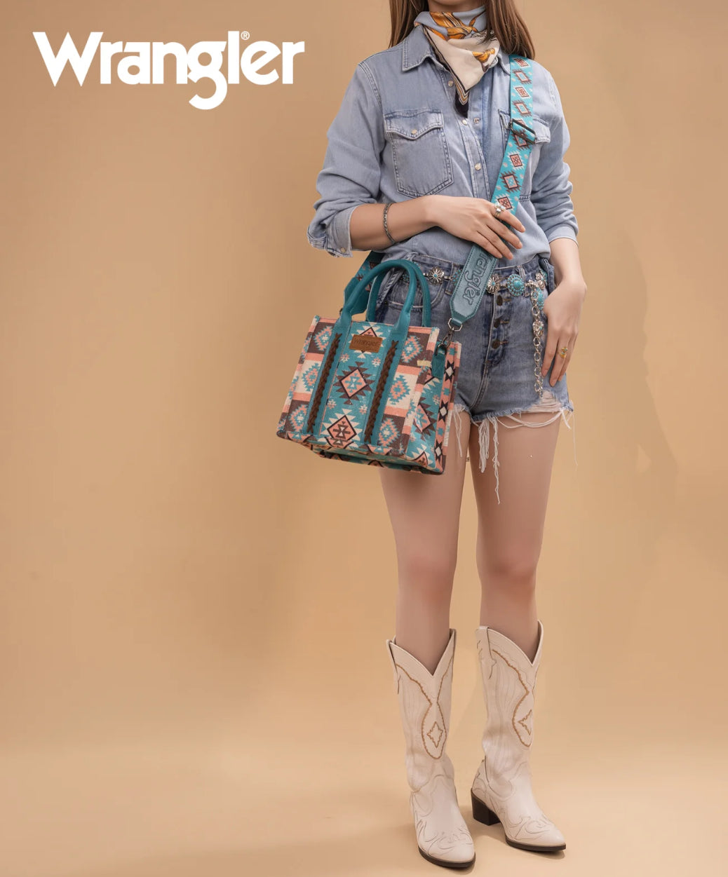 Wrangler Southwestern Print Small Canvas Tote/Crossbody - Turquoise WG2209- 8120STQ
