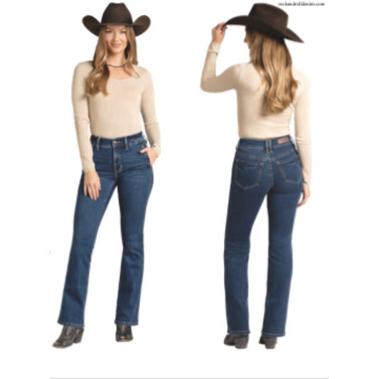 Rock & Roll Denim Ladies Flawless Fit -Dark Wash, Front Pocket Detail BW4HD07199