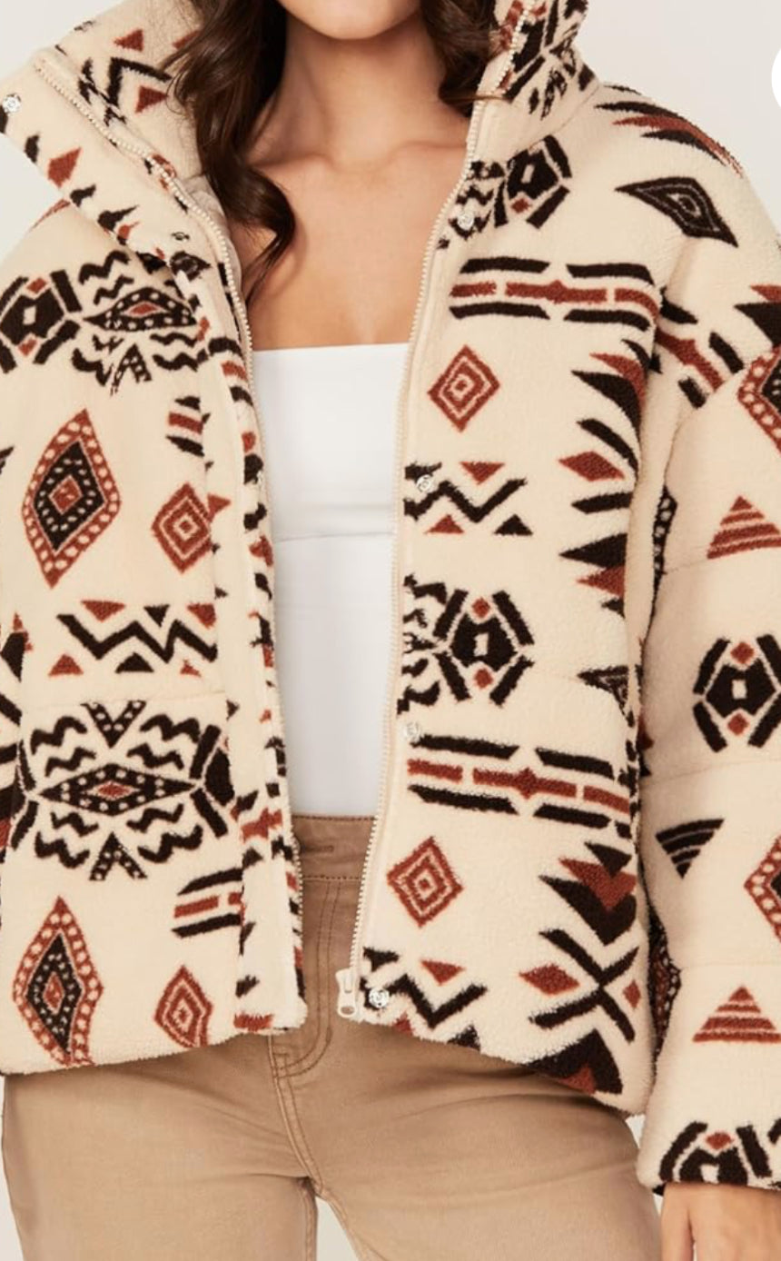 Miss Me Women's Southwestern Print Sherpa Jacket - MJ0719L US Ivory