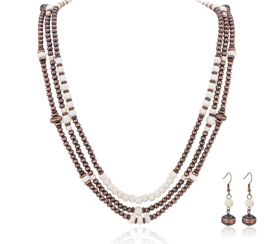 Rustic Coutoure White Beaded Layered Necklace Earrings Set RNS-1035WT