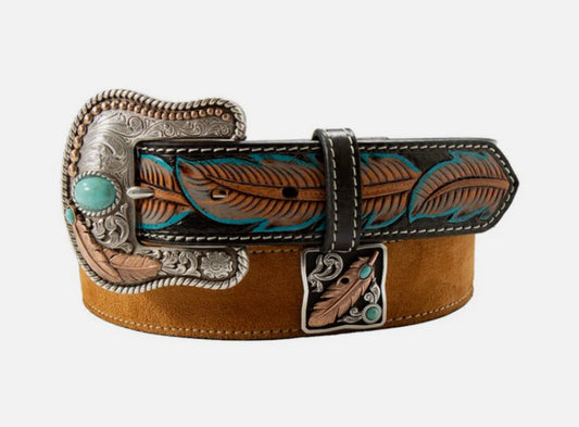 Nocona Ladies Belt, Ruffout with Square Feather & Turquoise Concho - N320007208