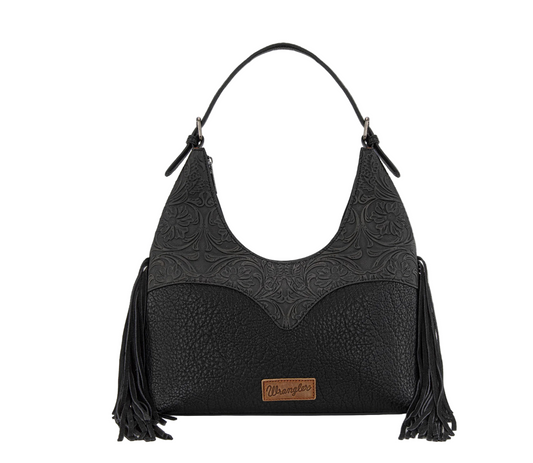 WRANGLER Fringe Floral Tooled Hobo Bag- Black WG265-3027BK