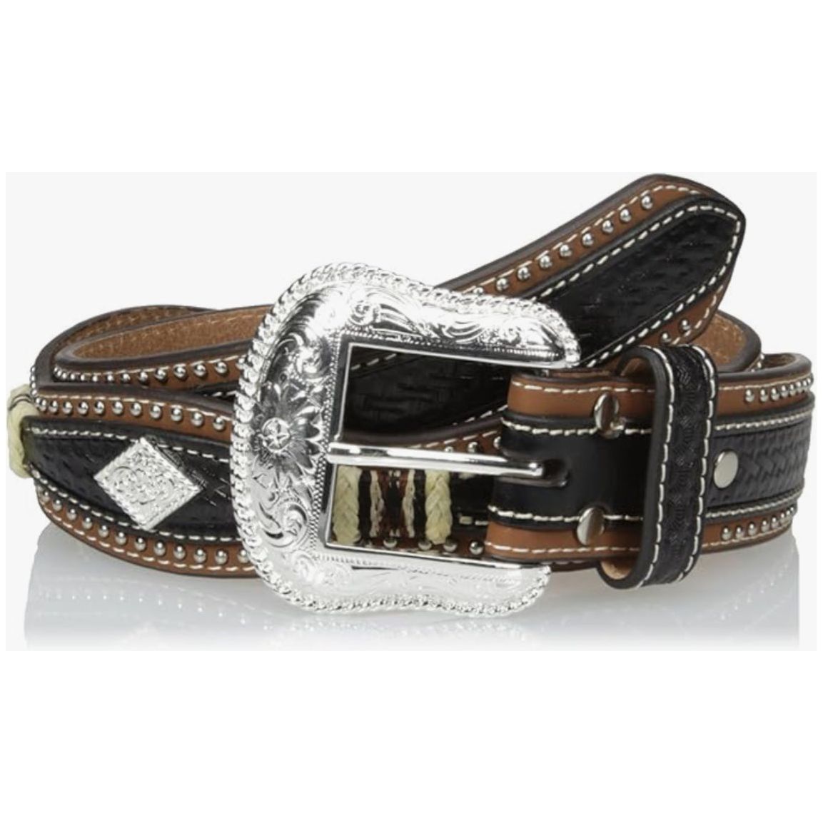 Nocona Men’s Belt, Pro-Series, Black & Brown Scalloped leather w/ diamond Concho- N25088129