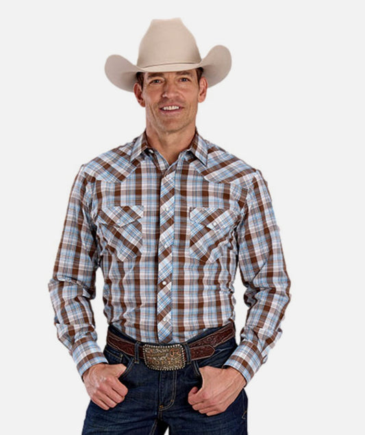 Roper Men’s Western Shirt - Long Sleeve, Snap, Blue Brown Plaid 1-01-101-4064