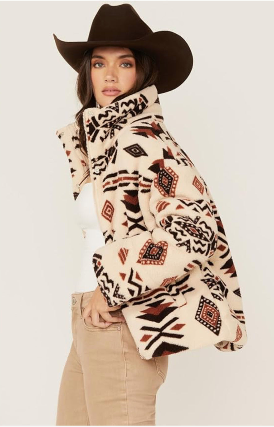 Miss Me Women's Southwestern Print Sherpa Jacket - MJ0719L US Ivory