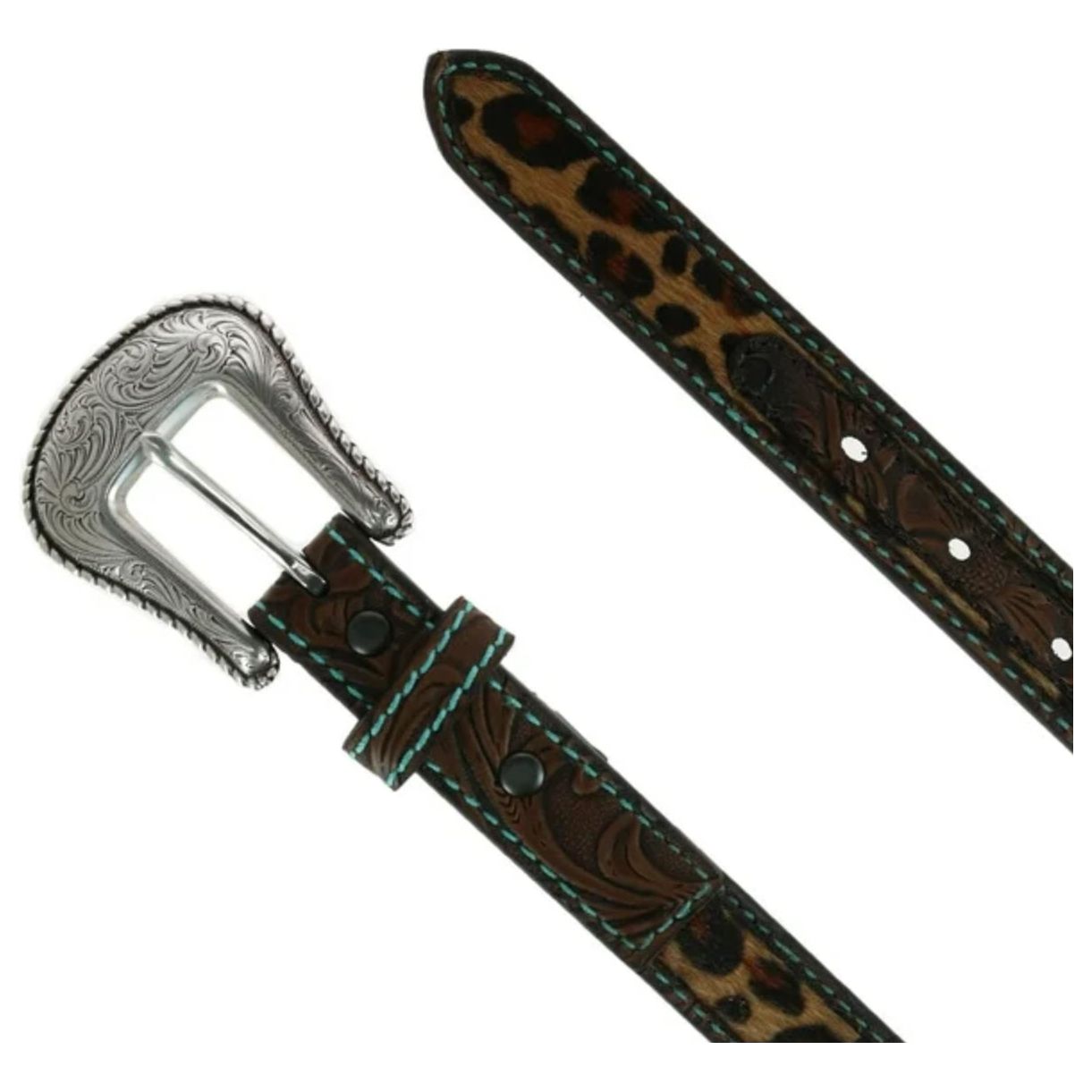 Ariat Kids Belt -Leopard, TurquoiseStitching & Tooled Leather A1307002