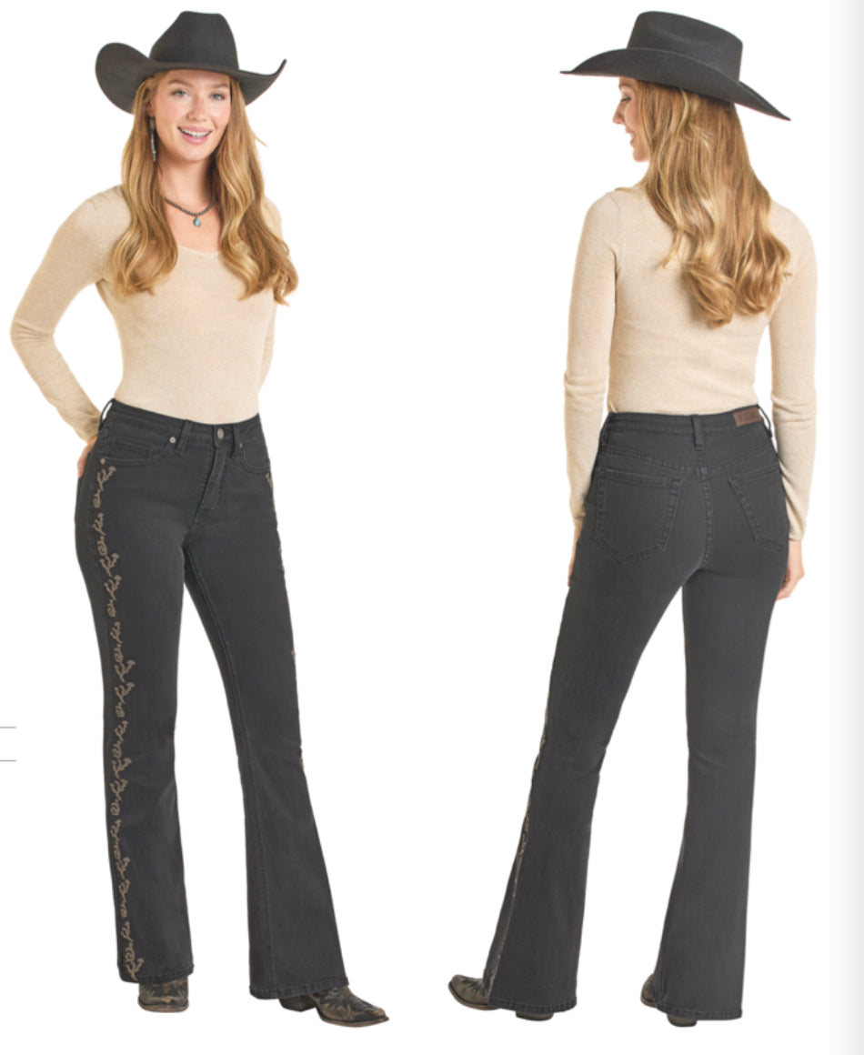 Rock & Roll Denim Ladies Flawless Fit - High Rise, Flare, Embroidered Side Seam BW6HD07212