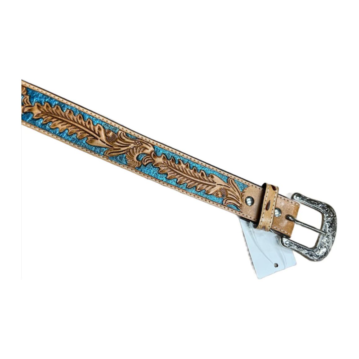 Twisted X Men’s Belt- Leaf Tooled, Hand Painted Metalic Turquoise X-1037