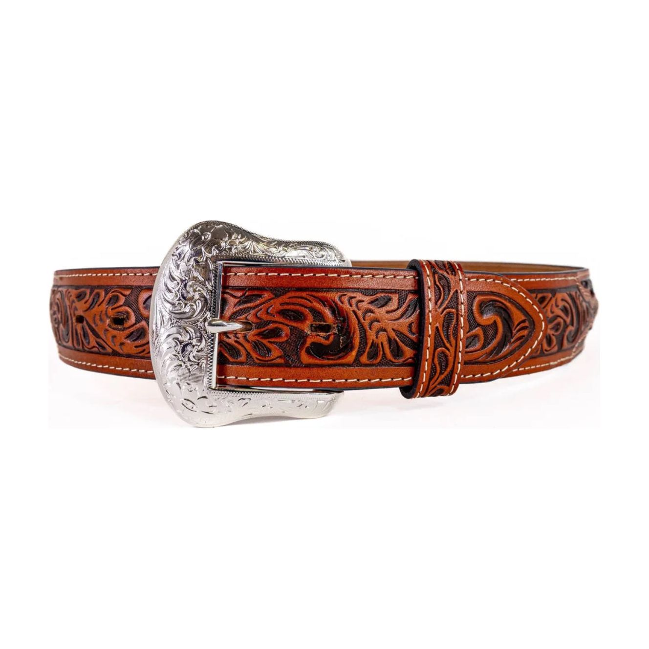 Ranger Belt Company Belt MEN’s - Whiskey & Chestnut leather with blue inlay, hand tooled, laced WB2704A