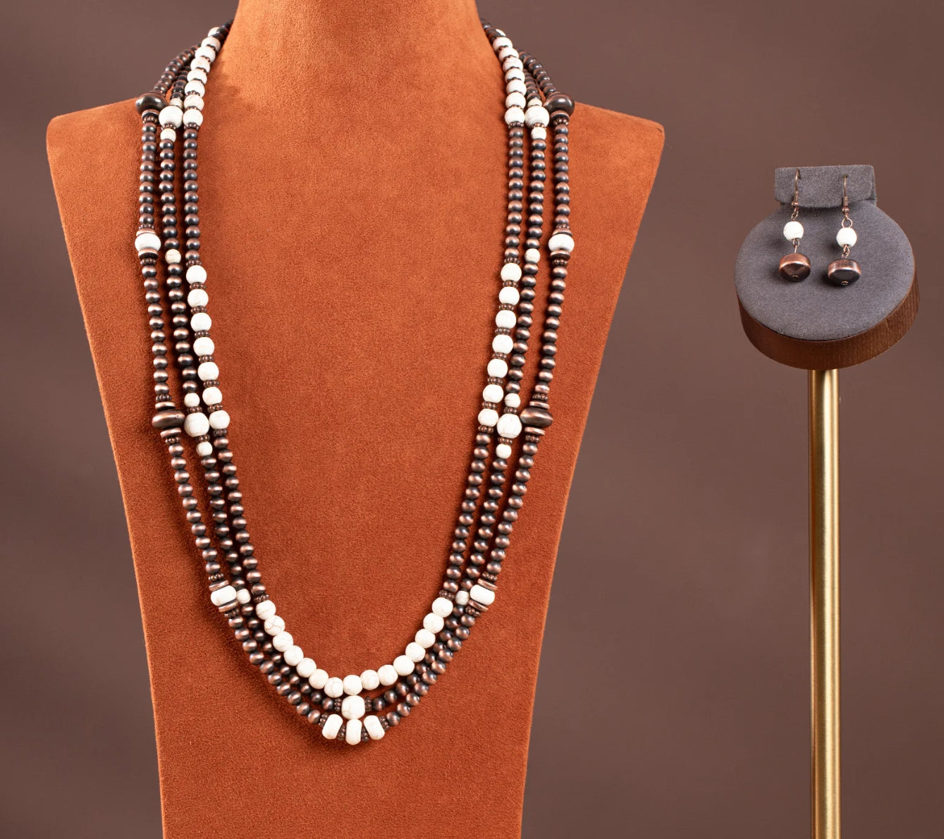 Rustic Coutoure White Beaded Layered Necklace Earrings Set RNS-1035WT