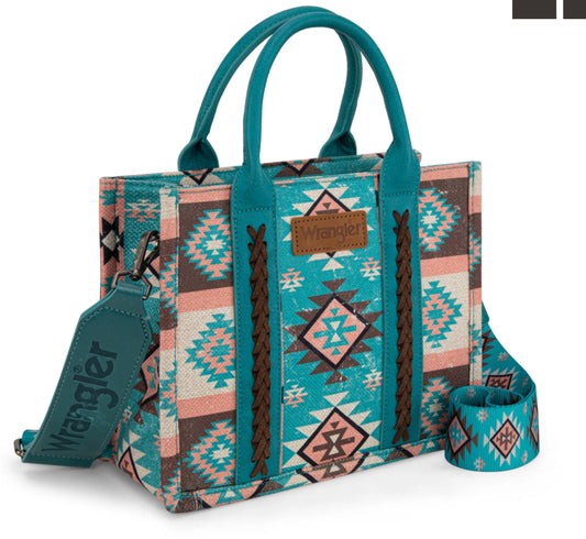 Wrangler Southwestern Print Small Canvas Tote/Crossbody - Turquoise WG2209- 8120STQ