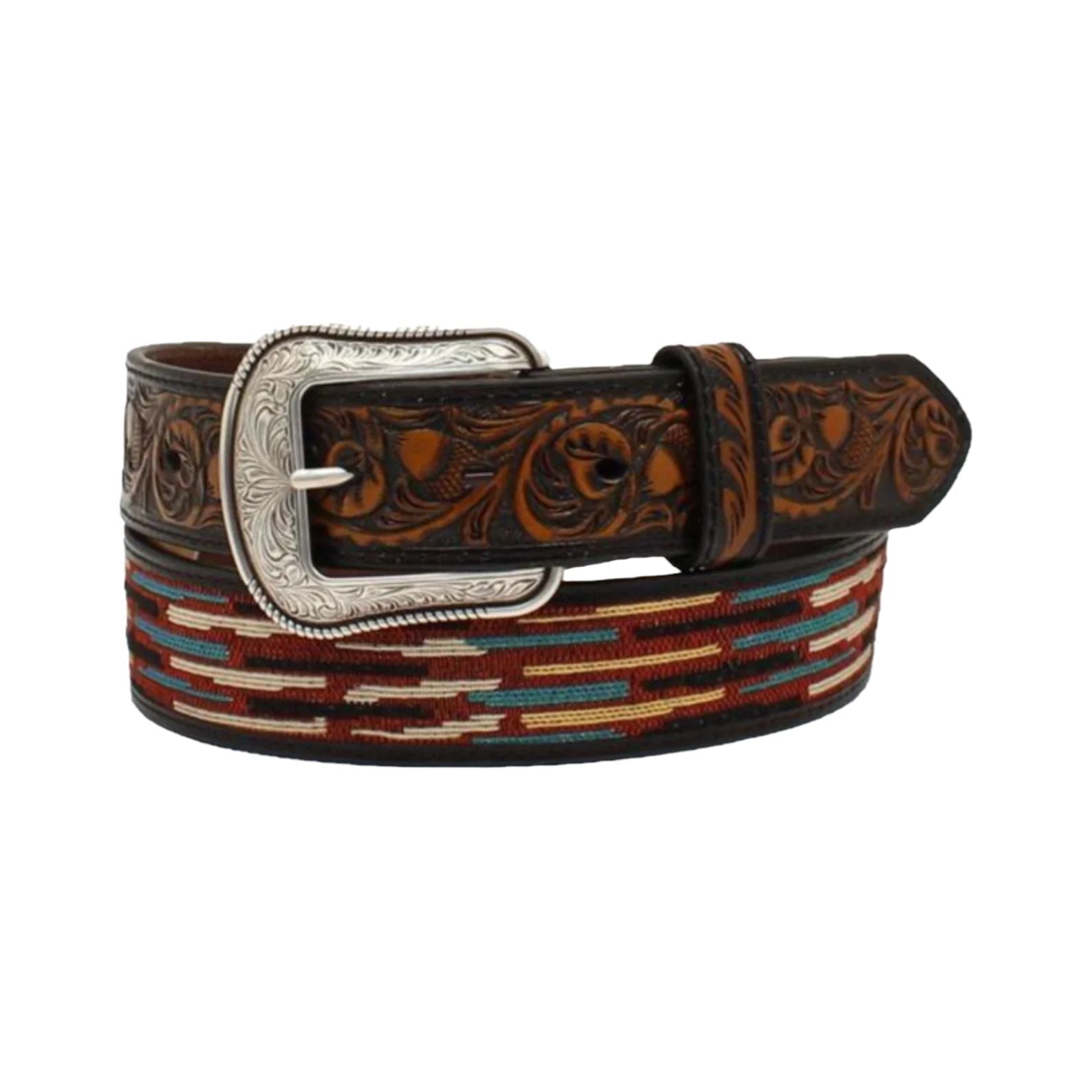 3D Belt Co. Men’s Belt Tooled Acorn &skull Headdress with woven inlay D100012301