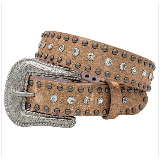 BHW Girls Belt -Leather, Gold Cow Hide, Rhinestone & Studs 425