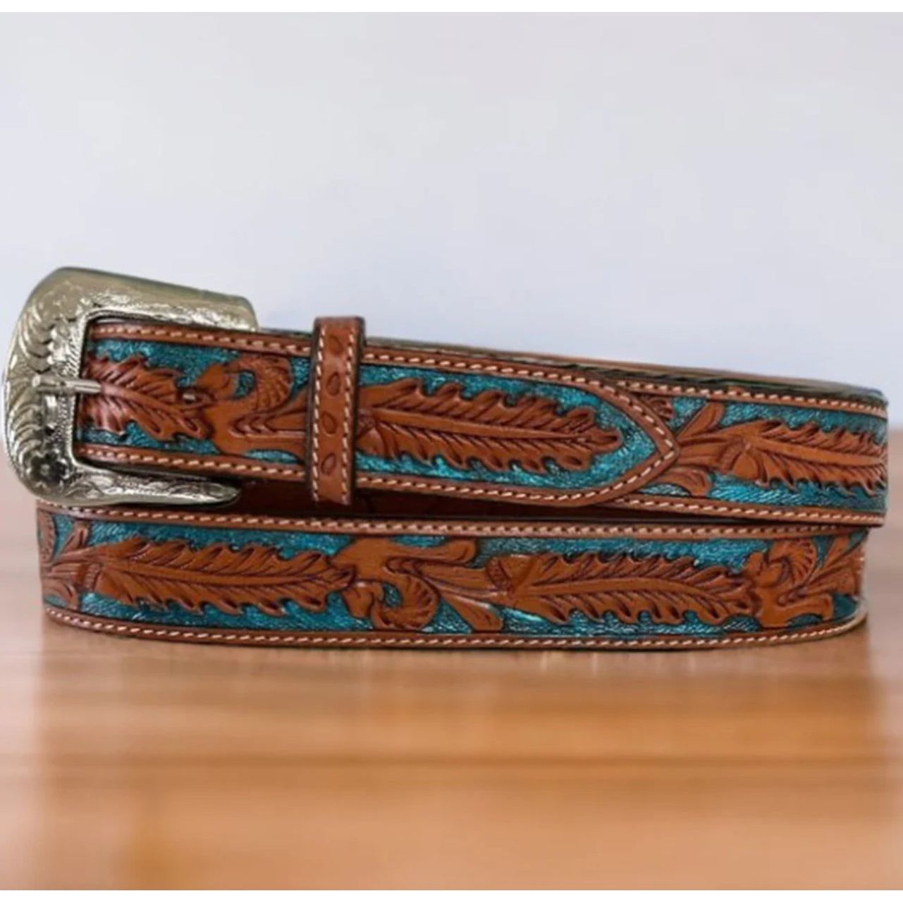 Twisted X Men’s Belt- Leaf Tooled, Hand Painted Metalic Turquoise X-1037