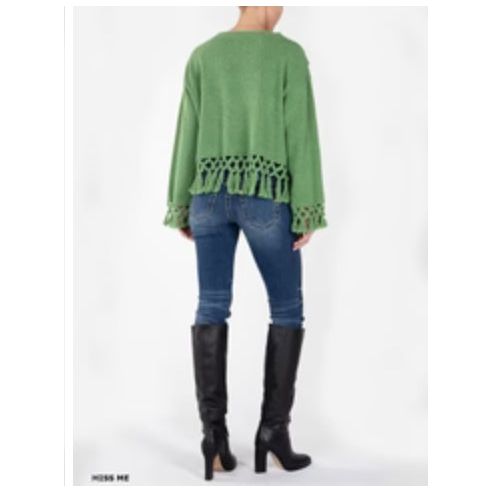 Miss Me MSW0421L Womens Knitted Fringe Sweater Green