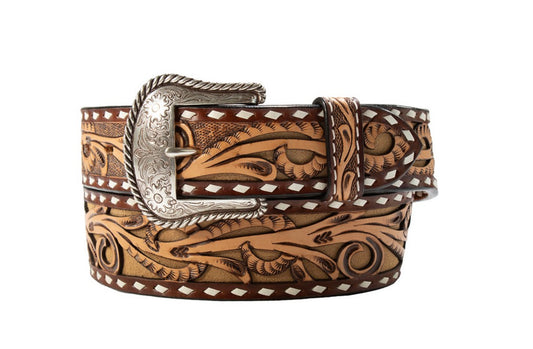 3D Belt Co. Men’s Belt - Ruffout Leather Inlay w/ Floral Toolong, whipstitch D100019302