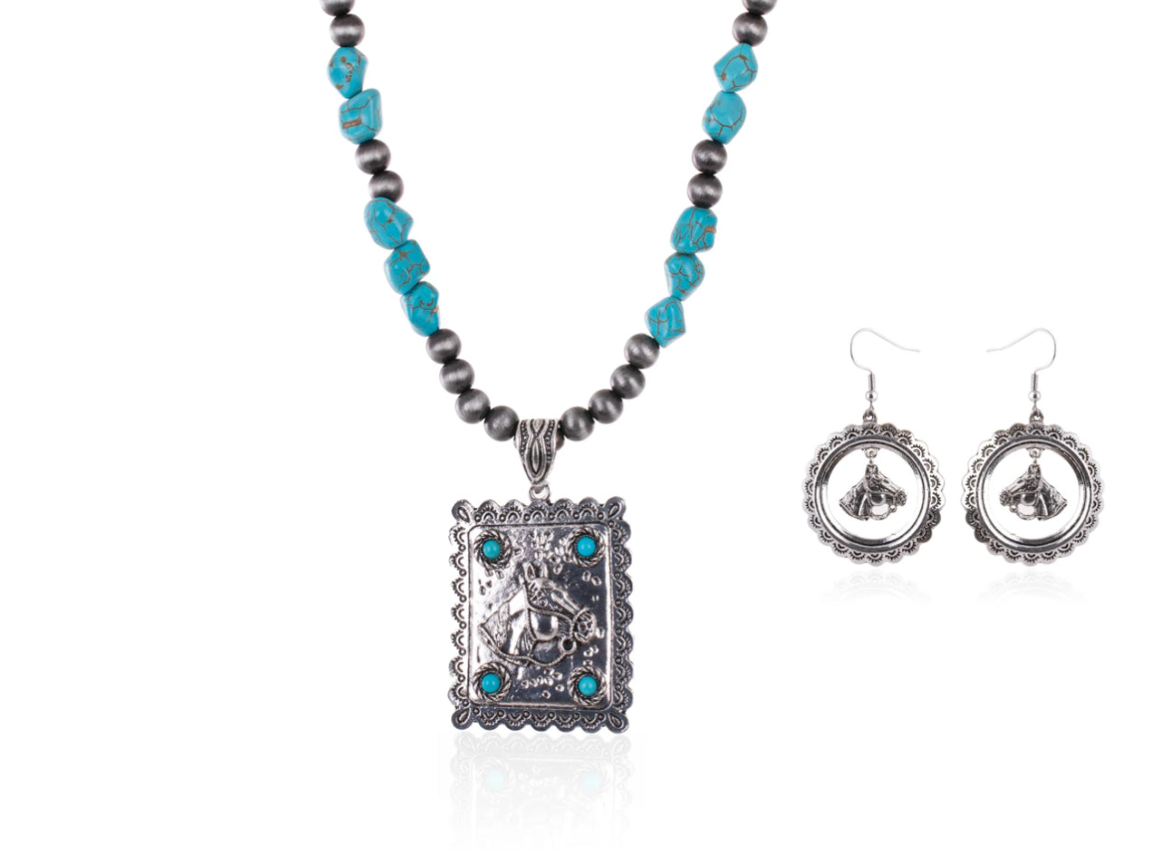 Wrangler Jewelry Set Blue Bead w/ Horse WNS-1040TQ