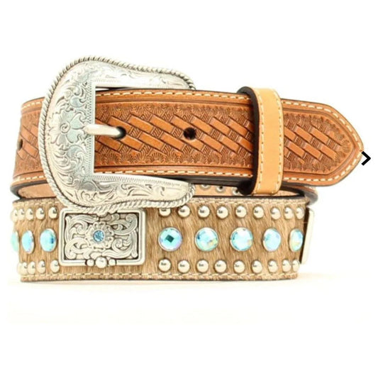 Nocona Kids Belt - Basket Weave Tooled Leather, Blue Rhinestone, Cowhide, Concho N4431302