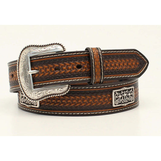 Nocona Men’s Belt; Basket Weave Stamped w/ rectangle CROSS CONCHO - N210002502