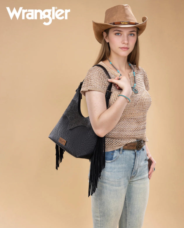 WRANGLER Fringe Floral Tooled Hobo Bag- Black WG265-3027BK