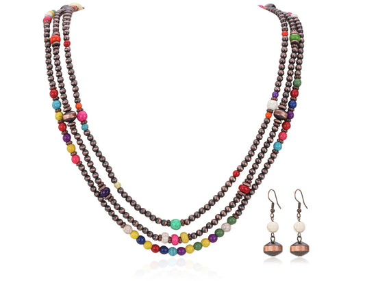 Rustic Coutoure Multi Color Beaded Layered Necklace Earrings Set RNS-1035MULTI
