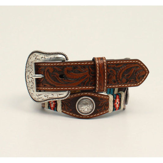 Nocona Kids Belt -braided rawhide, concho, Tooled Leather w/ Scalloped Edges N4441008