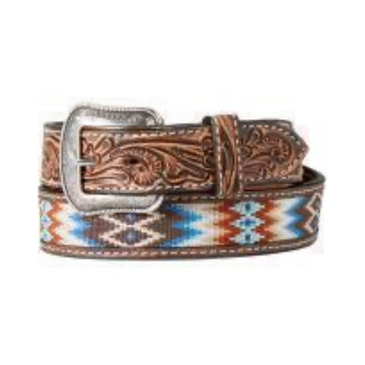 3D Belt Co. Men’s Belt Tooled with Aztec design inlay, blue, brown D100016702