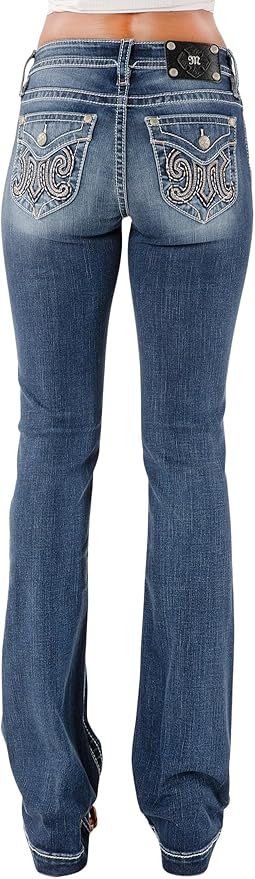 Miss Me Women's Big M Logo Embellished Faux Flap Pockets Mid-Rise Bootcut Jeans M9430bl