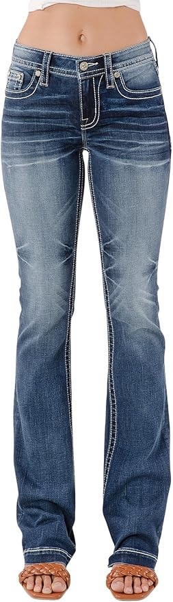 Miss Me Women's Big M Logo Embellished Faux Flap Pockets Mid-Rise Bootcut Jeans M9430bl