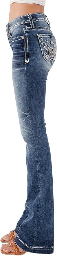 Miss Me Women's Big M Logo Embellished Faux Flap Pockets Mid-Rise Bootcut Jeans M9430bl