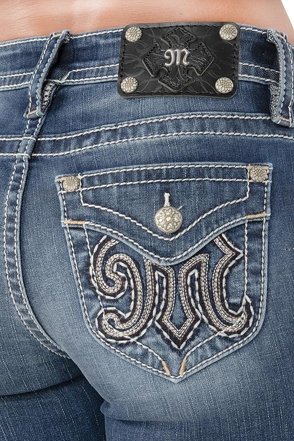 Miss Me Women's Big M Logo Embellished Faux Flap Pockets Mid-Rise Bootcut Jeans M9430bl