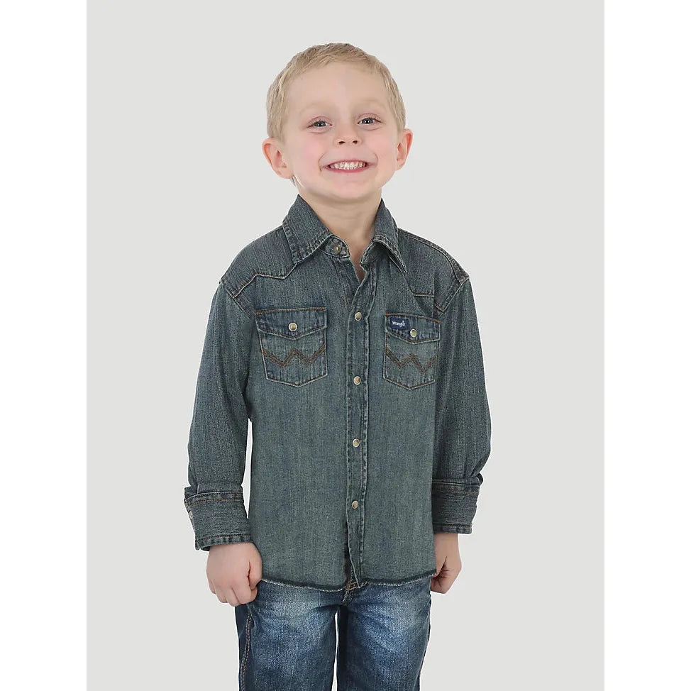 BOY’S COWBOY CUT® LONG SLEEVE WORK WESTERN DENIM SNAP SHIRT IN ANTIQUE BLUE