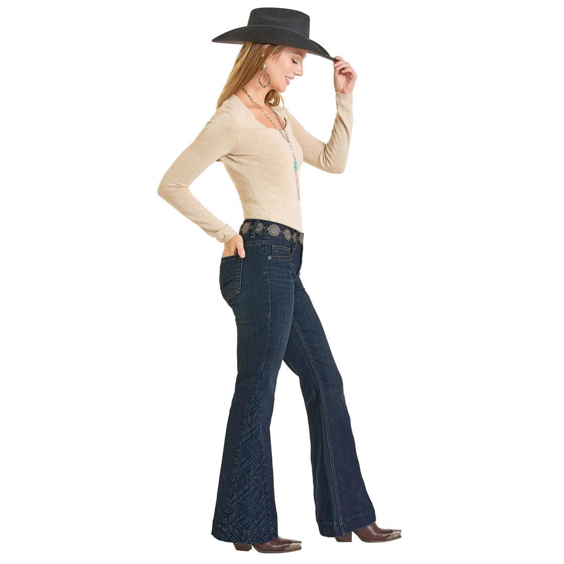 Rock & Roll Denim Ladies Trouser -Dark Wash, Mid Rise, Side Insert BW5MD07207