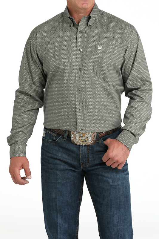 CINCH - Men LONG SLEEVE BUTTON-DOWN SHIRT, Geometric Print, Olive MTW1105981