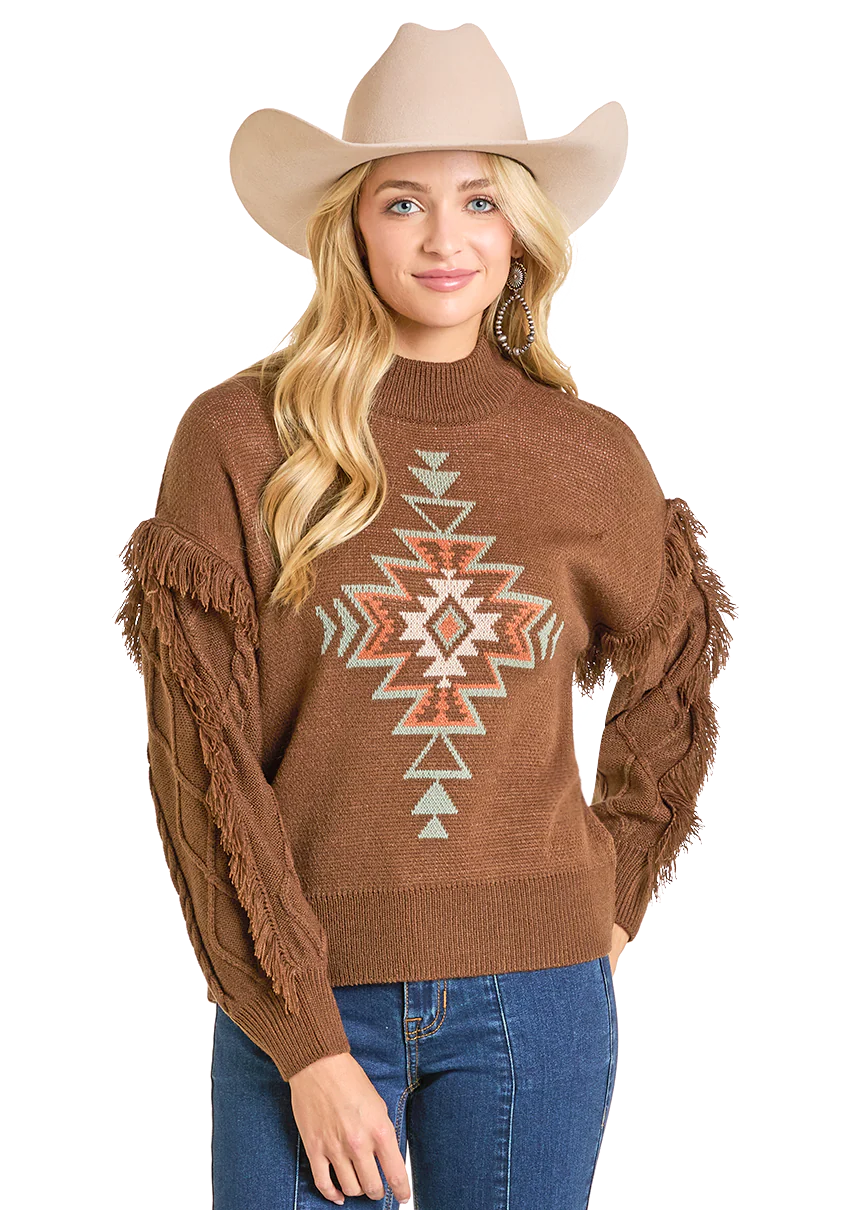 Rock & Roll Ladies Sweater, Brown Aztec Knit Fringe BW32T06961