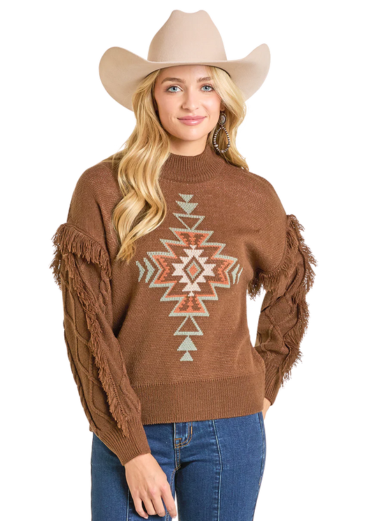 Rock & Roll Ladies Sweater, Brown Aztec Knit Fringe BW32T06961
