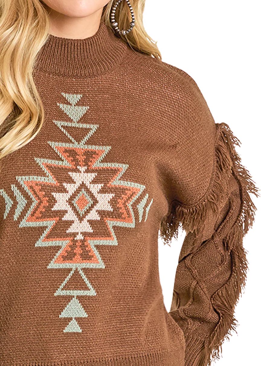 Rock & Roll Ladies Sweater, Brown Aztec Knit Fringe BW32T06961