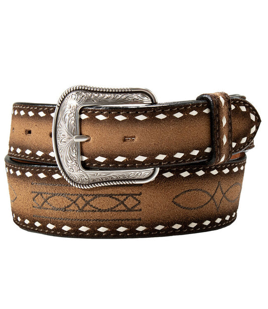 3D Belt Co. Men’s Belt - Ruffout Leather w/ Bootstitch Embroidery, whipstitch D100019402